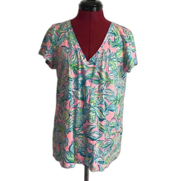Lilly Pulitzer Etta Top Size Small V-Neck Short Sleeves Fish Off the Scales - Picture 10 of 11